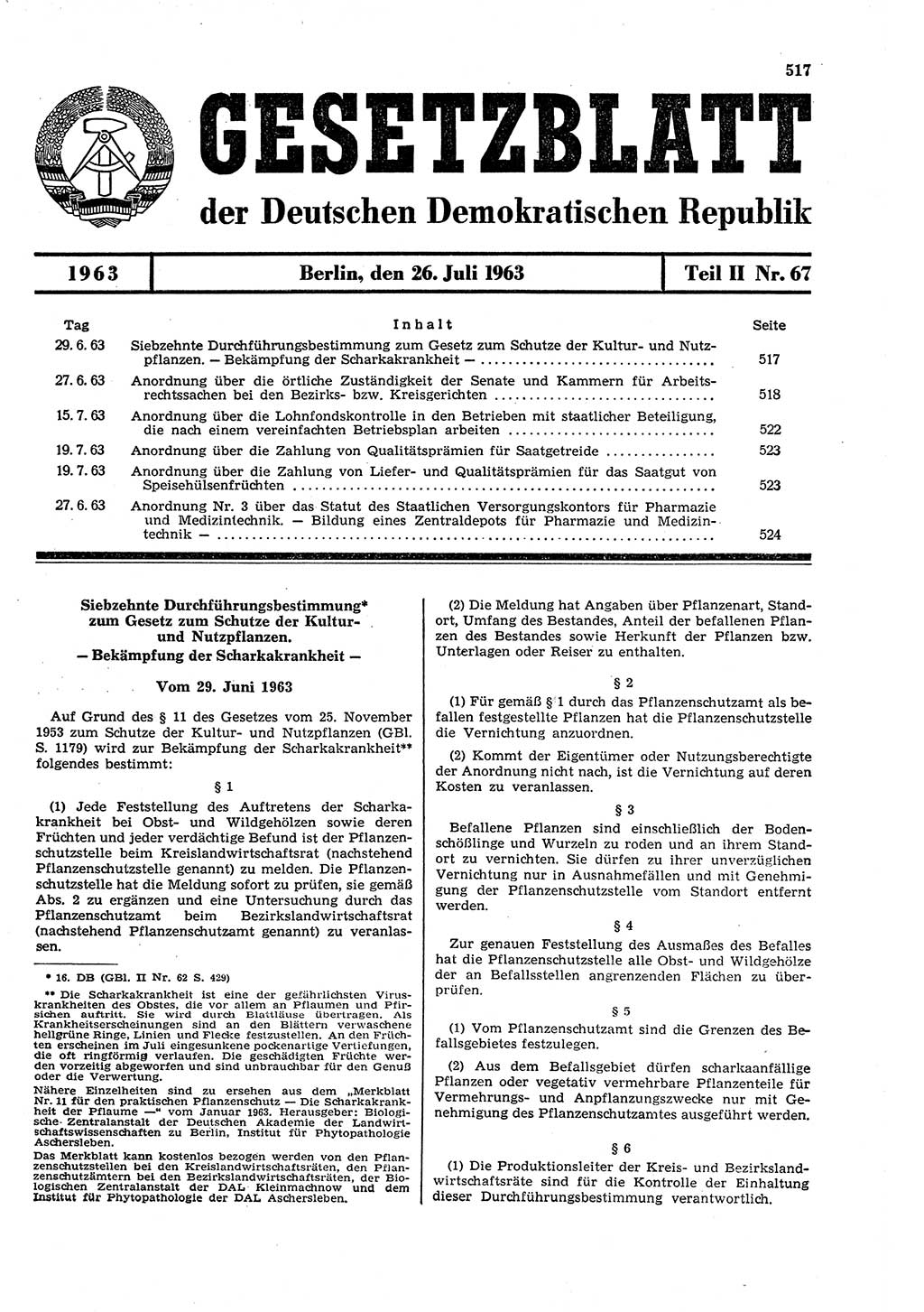 Gesetzblatt (GBl.) der Deutschen Demokratischen Republik (DDR) Teil ⅠⅠ 1963, Seite 517 (GBl. DDR ⅠⅠ 1963, S. 517)