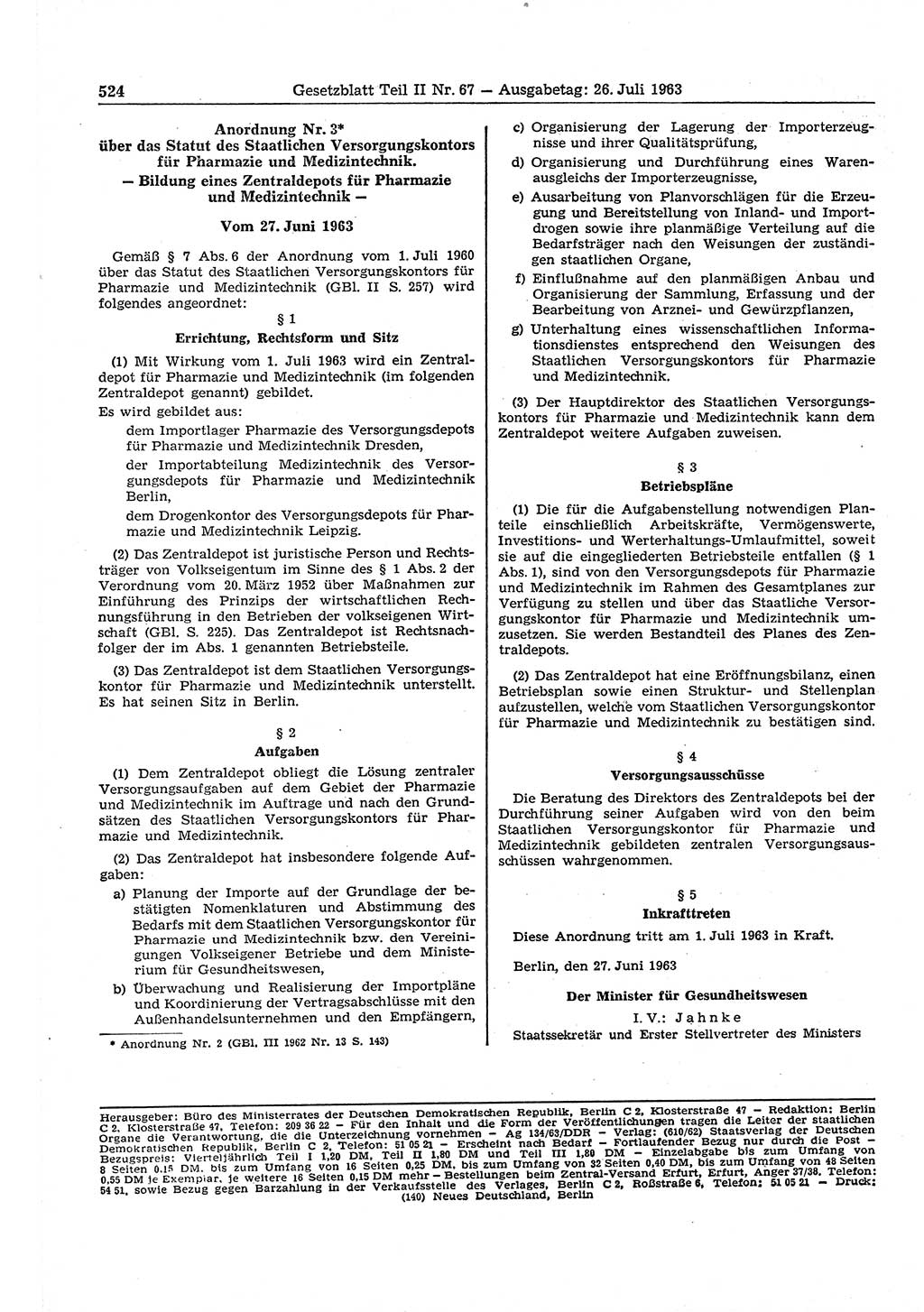 Gesetzblatt (GBl.) der Deutschen Demokratischen Republik (DDR) Teil ⅠⅠ 1963, Seite 524 (GBl. DDR ⅠⅠ 1963, S. 524)