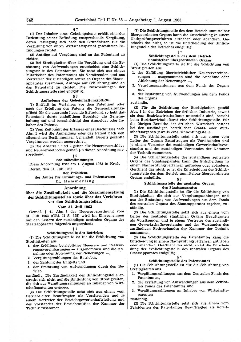 Gesetzblatt (GBl.) der Deutschen Demokratischen Republik (DDR) Teil ⅠⅠ 1963, Seite 542 (GBl. DDR ⅠⅠ 1963, S. 542)
