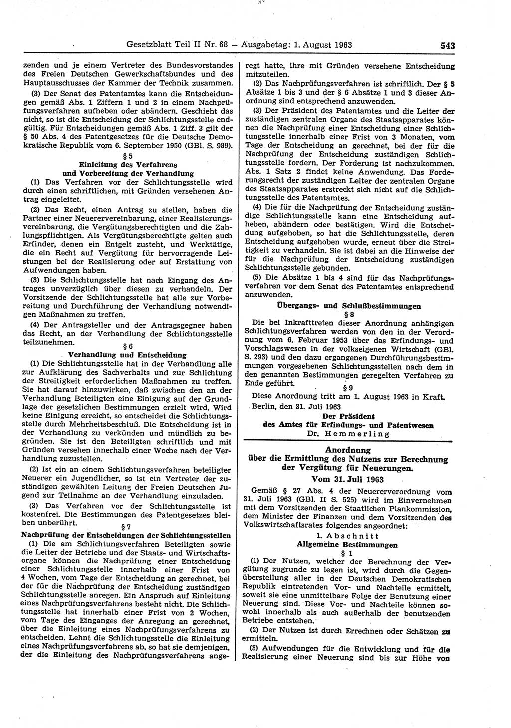 Gesetzblatt (GBl.) der Deutschen Demokratischen Republik (DDR) Teil ⅠⅠ 1963, Seite 543 (GBl. DDR ⅠⅠ 1963, S. 543)