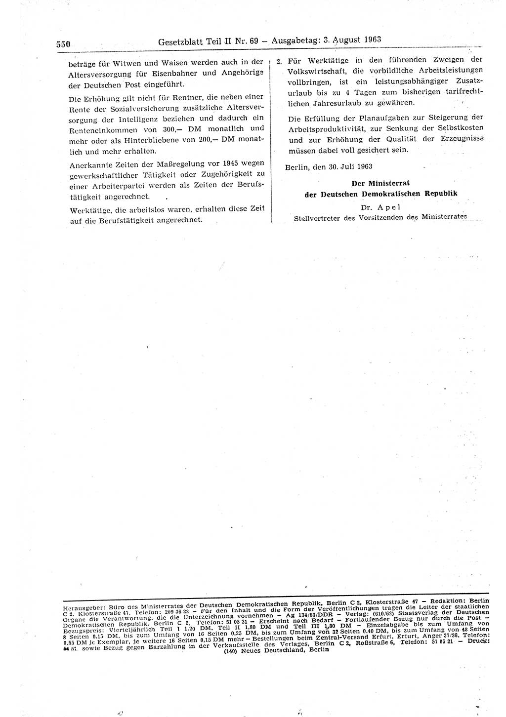 Gesetzblatt (GBl.) der Deutschen Demokratischen Republik (DDR) Teil ⅠⅠ 1963, Seite 550 (GBl. DDR ⅠⅠ 1963, S. 550)