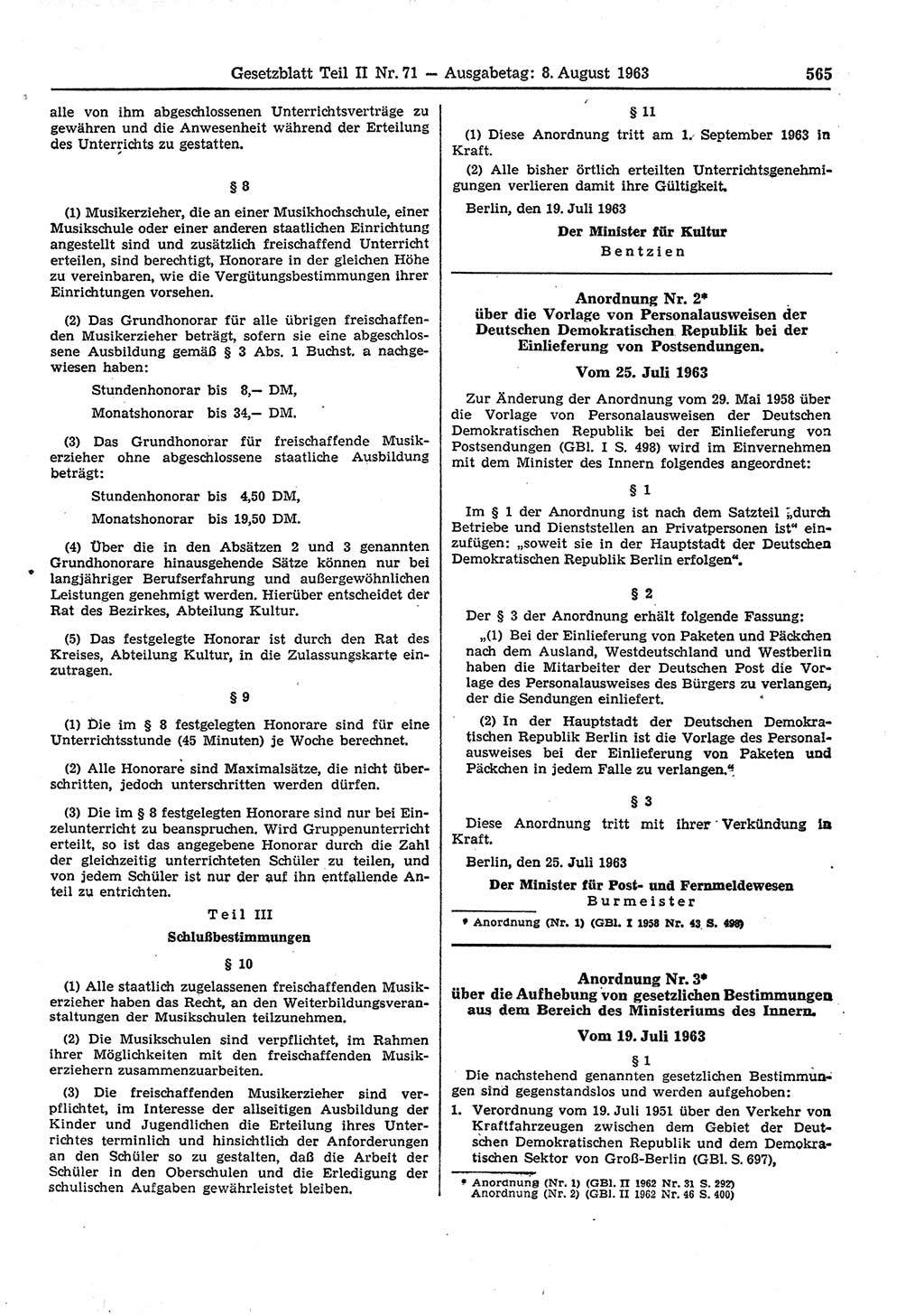 Gesetzblatt (GBl.) der Deutschen Demokratischen Republik (DDR) Teil ⅠⅠ 1963, Seite 565 (GBl. DDR ⅠⅠ 1963, S. 565)