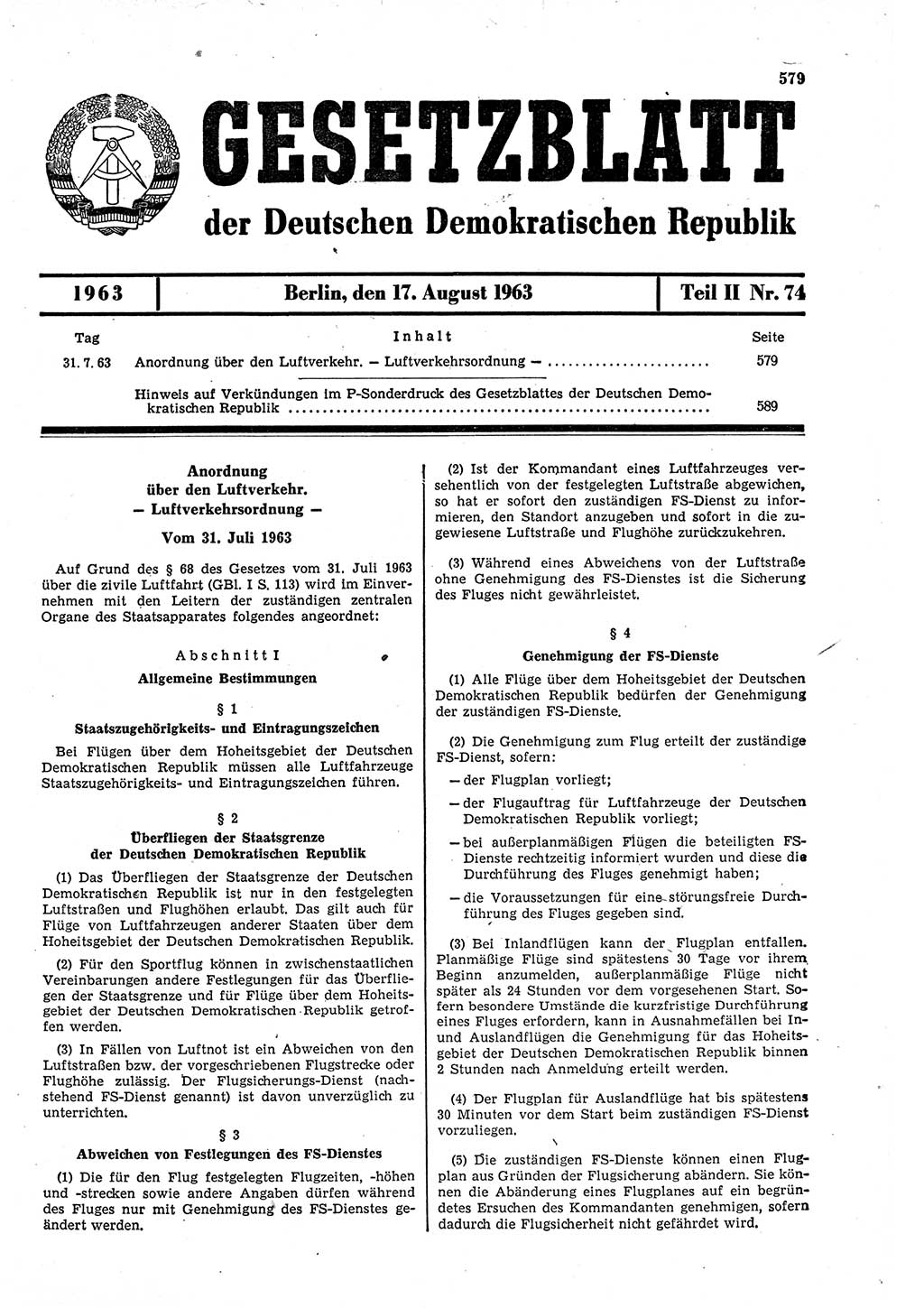 Gesetzblatt (GBl.) der Deutschen Demokratischen Republik (DDR) Teil ⅠⅠ 1963, Seite 579 (GBl. DDR ⅠⅠ 1963, S. 579)