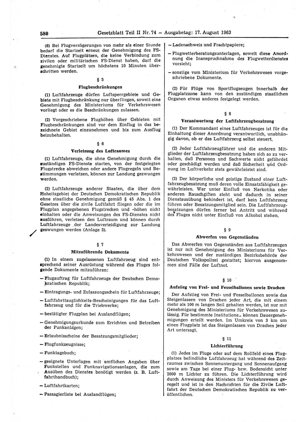 Gesetzblatt (GBl.) der Deutschen Demokratischen Republik (DDR) Teil ⅠⅠ 1963, Seite 580 (GBl. DDR ⅠⅠ 1963, S. 580)