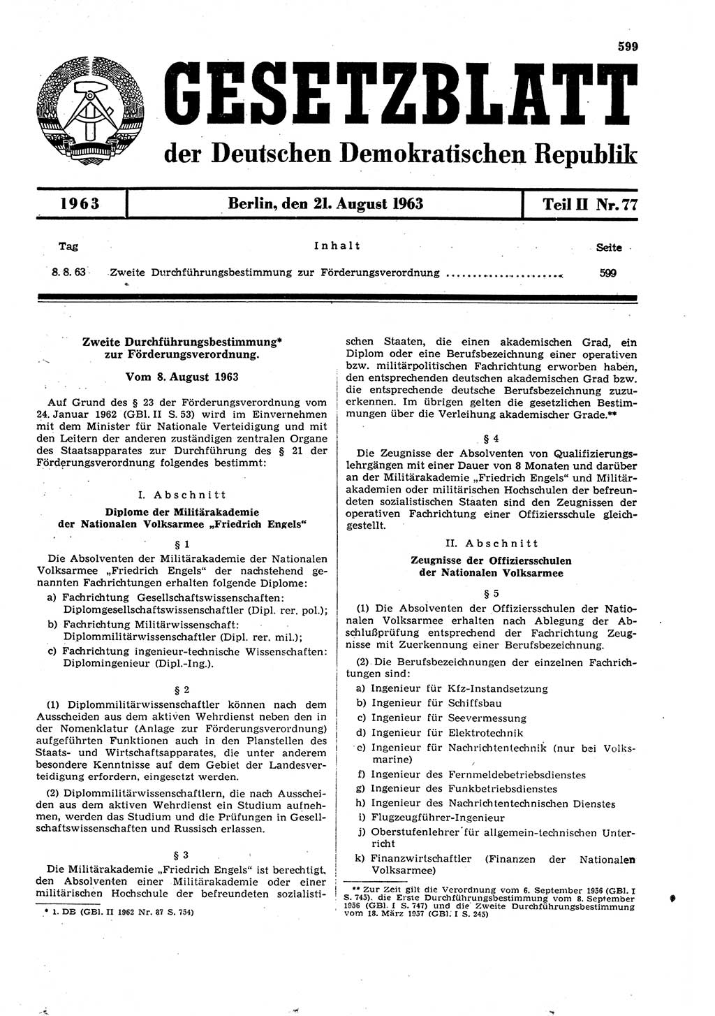 Gesetzblatt (GBl.) der Deutschen Demokratischen Republik (DDR) Teil ⅠⅠ 1963, Seite 599 (GBl. DDR ⅠⅠ 1963, S. 599)