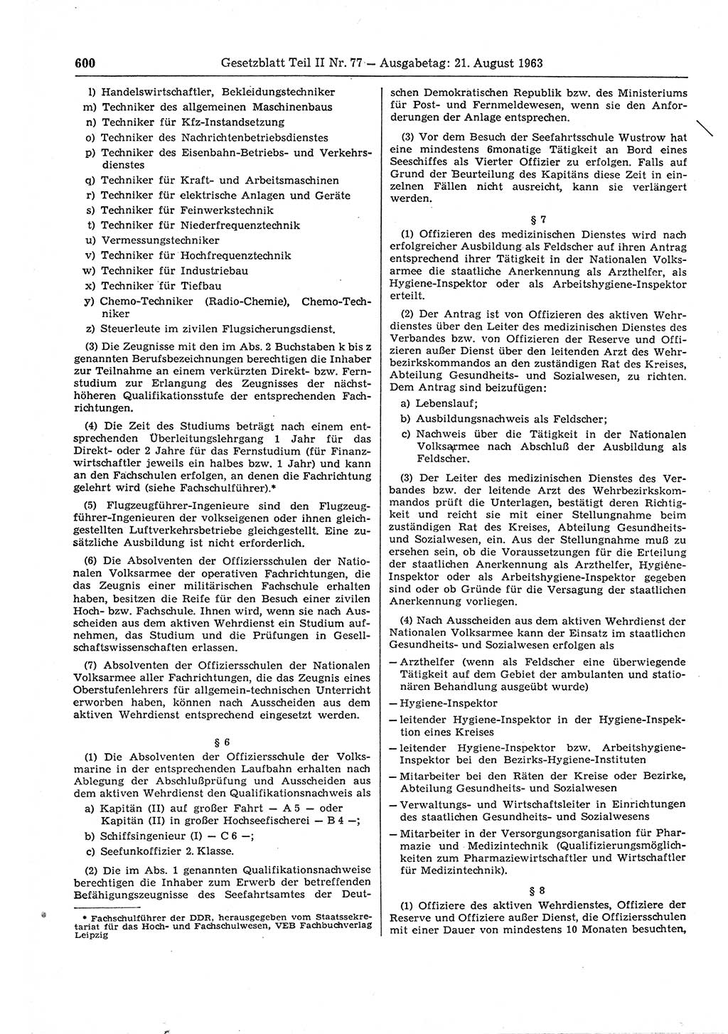Gesetzblatt (GBl.) der Deutschen Demokratischen Republik (DDR) Teil ⅠⅠ 1963, Seite 600 (GBl. DDR ⅠⅠ 1963, S. 600)