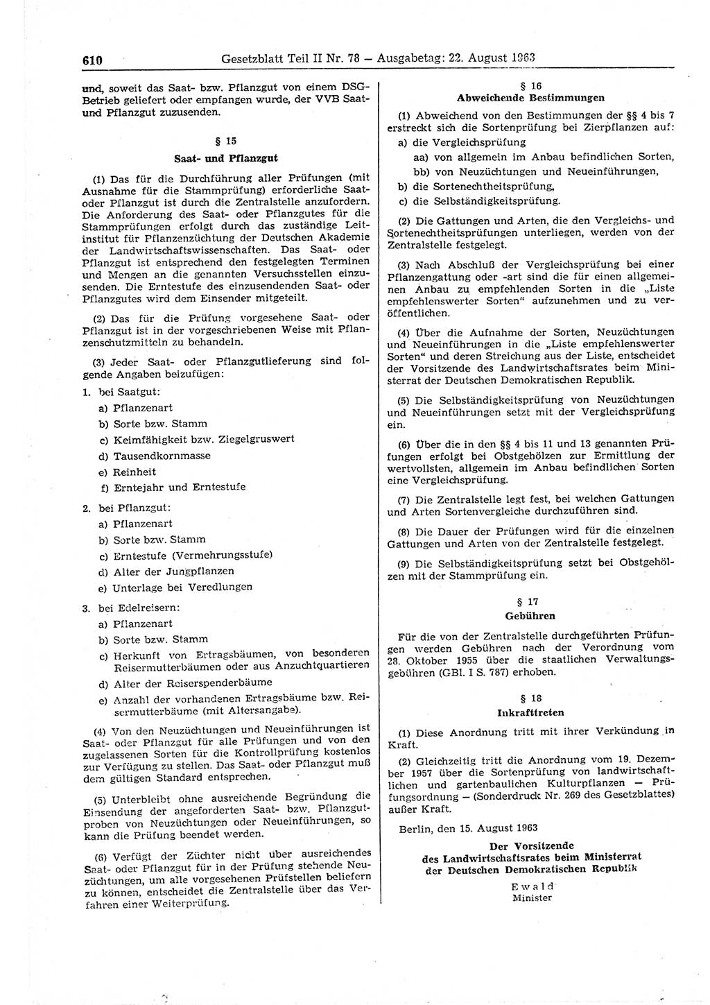 Gesetzblatt (GBl.) der Deutschen Demokratischen Republik (DDR) Teil ⅠⅠ 1963, Seite 610 (GBl. DDR ⅠⅠ 1963, S. 610)