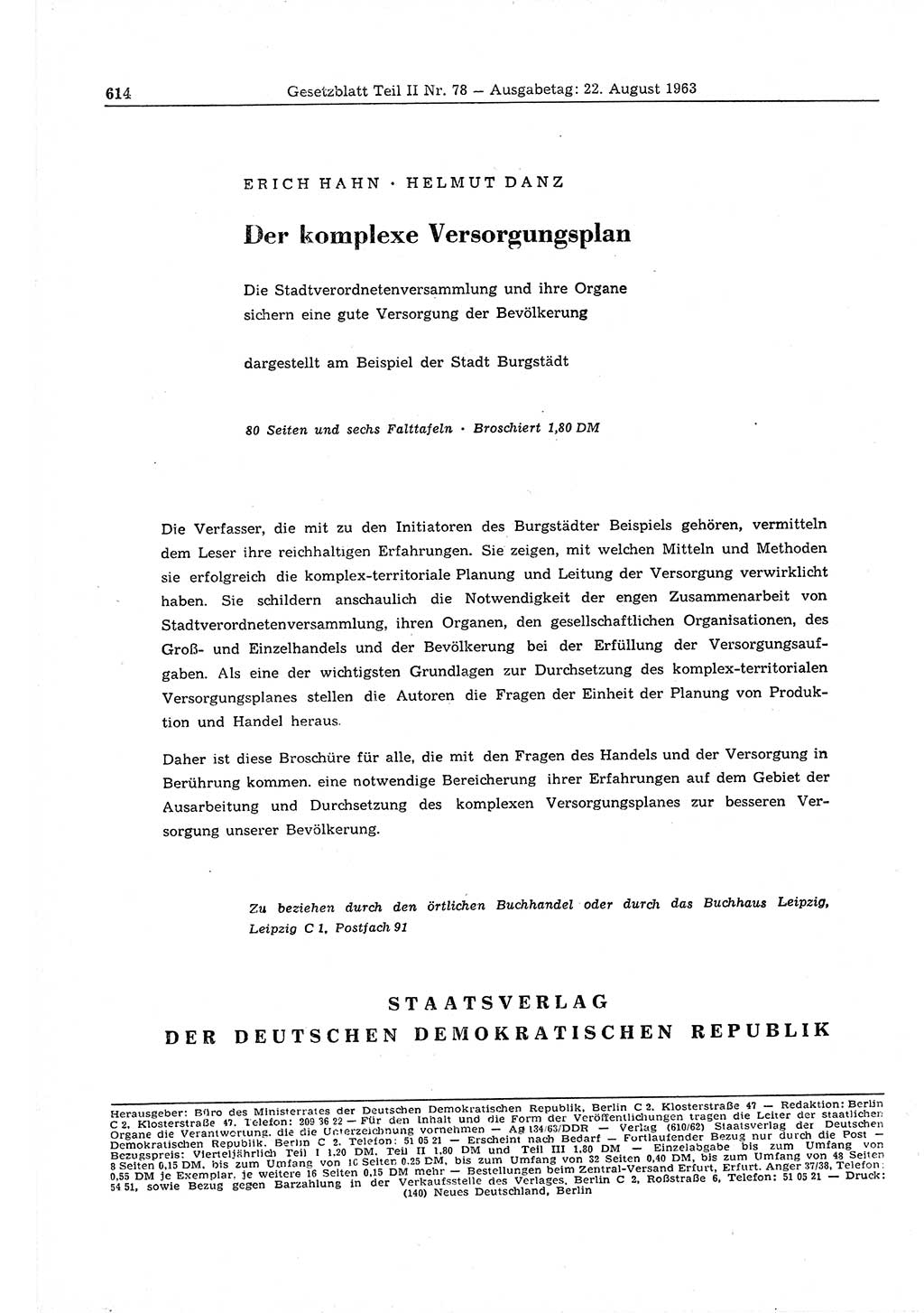 Gesetzblatt (GBl.) der Deutschen Demokratischen Republik (DDR) Teil ⅠⅠ 1963, Seite 614 (GBl. DDR ⅠⅠ 1963, S. 614)