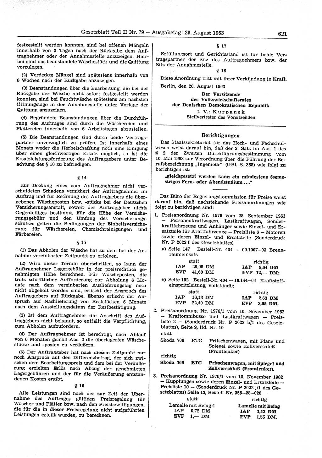 Gesetzblatt (GBl.) der Deutschen Demokratischen Republik (DDR) Teil ⅠⅠ 1963, Seite 621 (GBl. DDR ⅠⅠ 1963, S. 621)