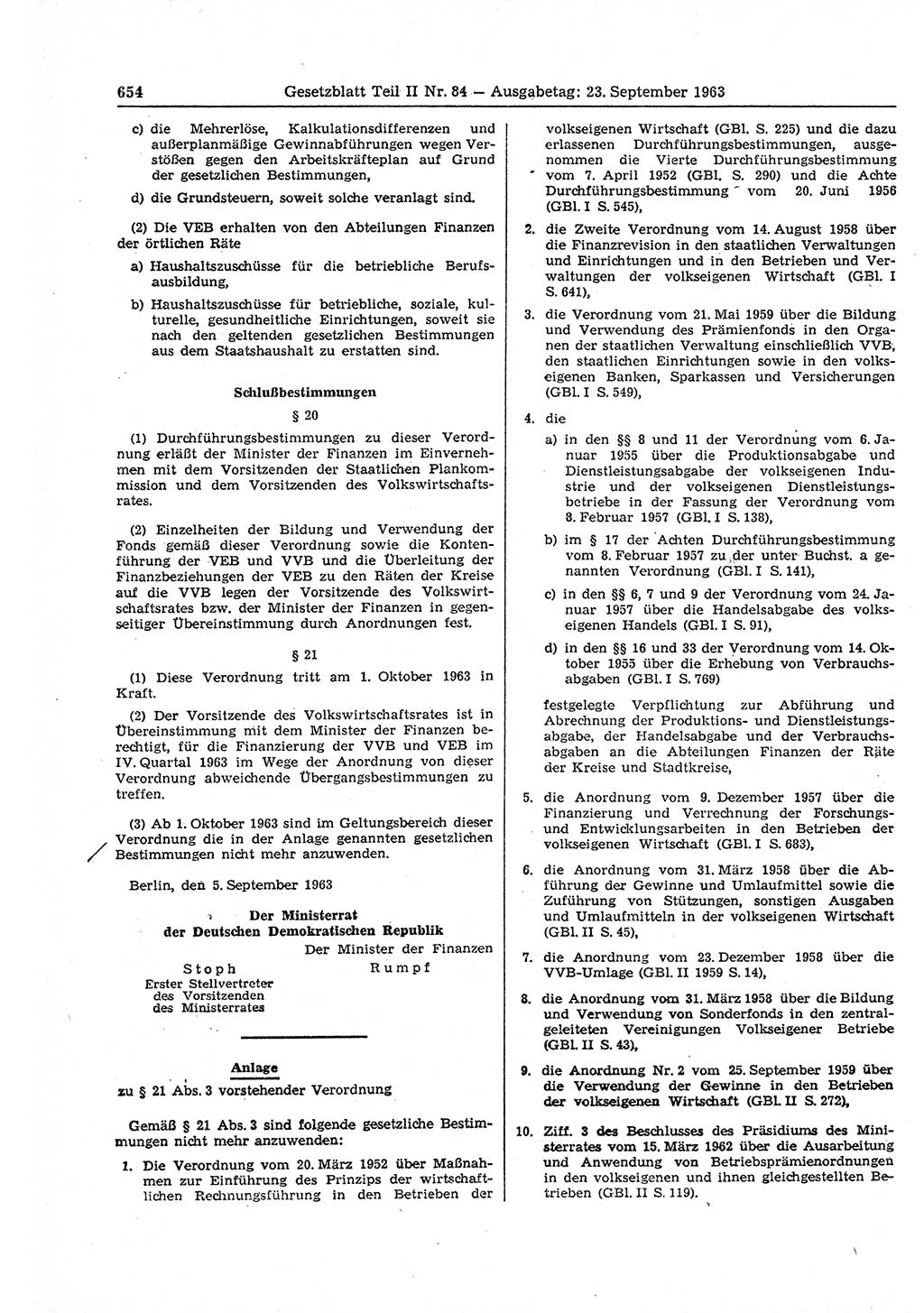 Gesetzblatt (GBl.) der Deutschen Demokratischen Republik (DDR) Teil ⅠⅠ 1963, Seite 654 (GBl. DDR ⅠⅠ 1963, S. 654)