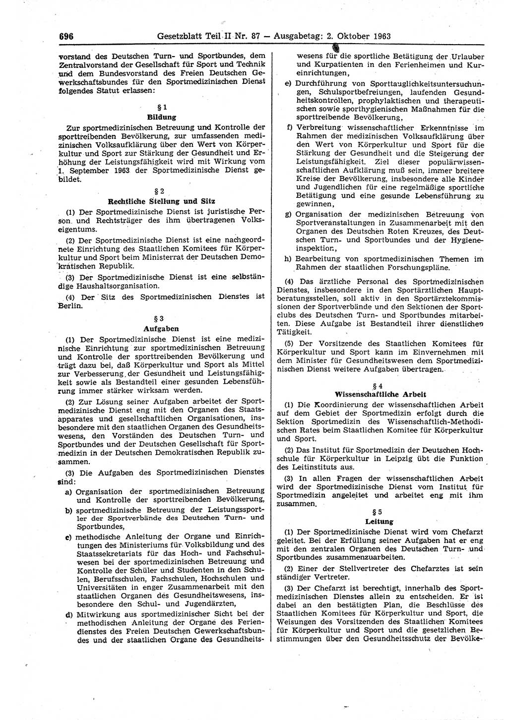 Gesetzblatt (GBl.) der Deutschen Demokratischen Republik (DDR) Teil ⅠⅠ 1963, Seite 696 (GBl. DDR ⅠⅠ 1963, S. 696)