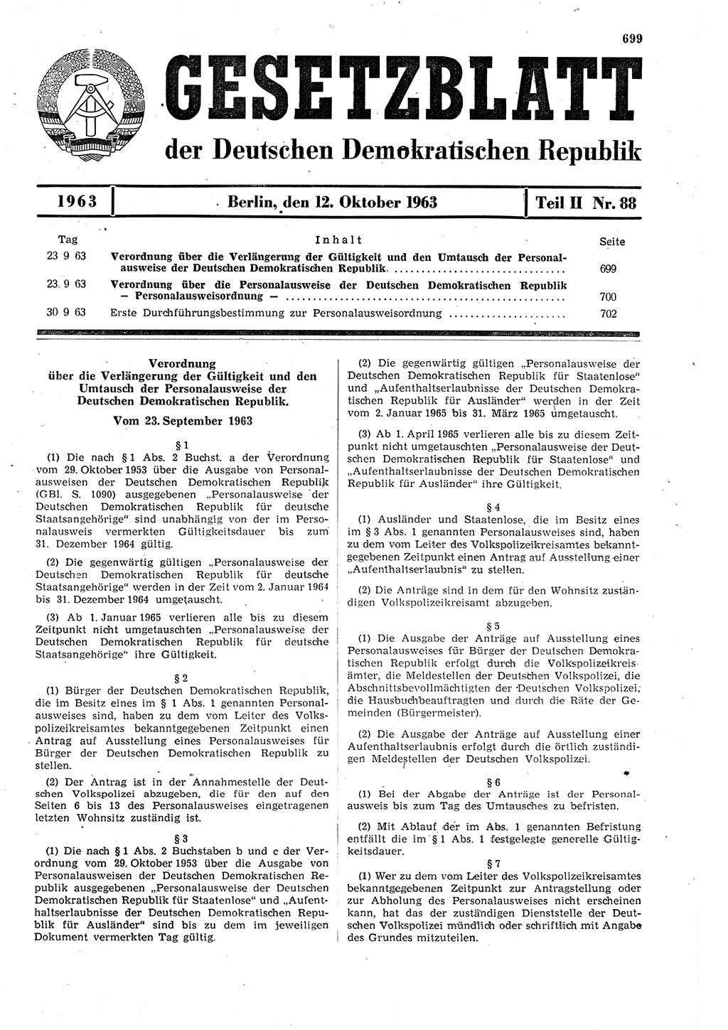 Gesetzblatt (GBl.) der Deutschen Demokratischen Republik (DDR) Teil ⅠⅠ 1963, Seite 699 (GBl. DDR ⅠⅠ 1963, S. 699)