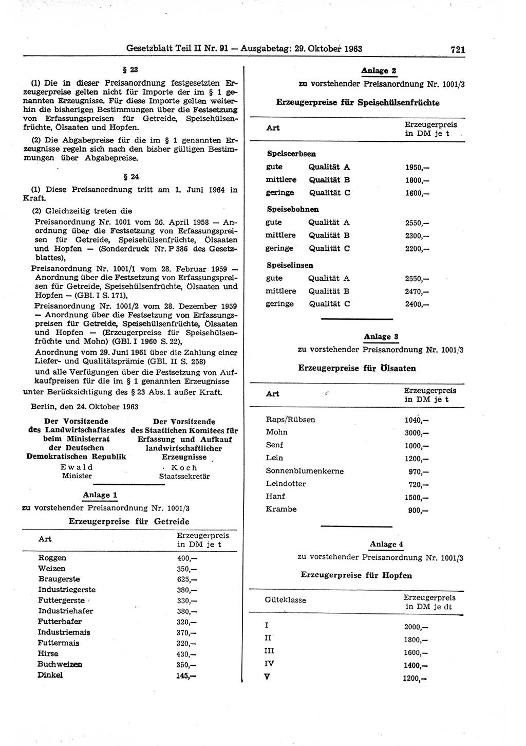 Gesetzblatt (GBl.) der Deutschen Demokratischen Republik (DDR) Teil ⅠⅠ 1963, Seite 721 (GBl. DDR ⅠⅠ 1963, S. 721)