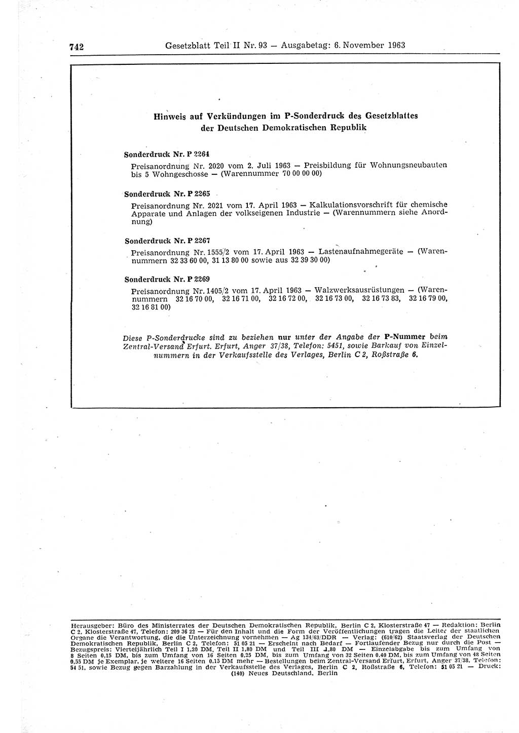 Gesetzblatt (GBl.) der Deutschen Demokratischen Republik (DDR) Teil ⅠⅠ 1963, Seite 742 (GBl. DDR ⅠⅠ 1963, S. 742)