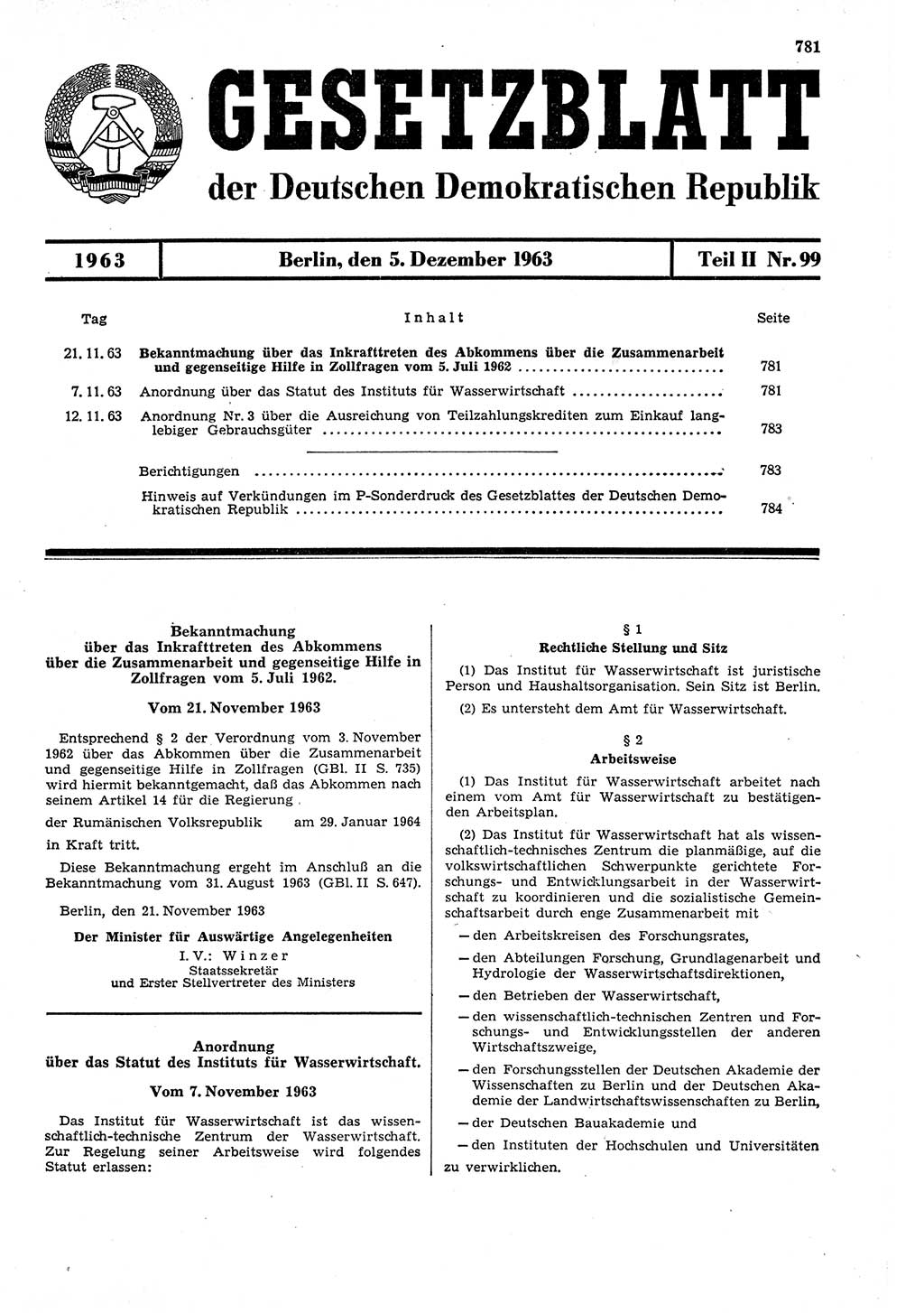 Gesetzblatt (GBl.) der Deutschen Demokratischen Republik (DDR) Teil ⅠⅠ 1963, Seite 781 (GBl. DDR ⅠⅠ 1963, S. 781)