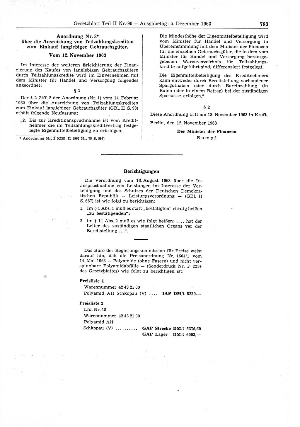 Gesetzblatt (GBl.) der Deutschen Demokratischen Republik (DDR) Teil ⅠⅠ 1963, Seite 783 (GBl. DDR ⅠⅠ 1963, S. 783)