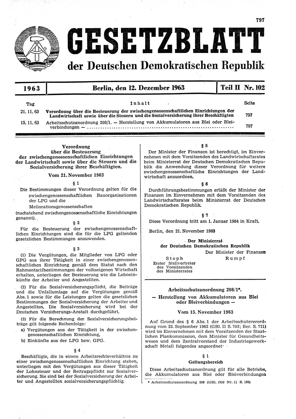 Gesetzblatt (GBl.) der Deutschen Demokratischen Republik (DDR) Teil ⅠⅠ 1963, Seite 797 (GBl. DDR ⅠⅠ 1963, S. 797)
