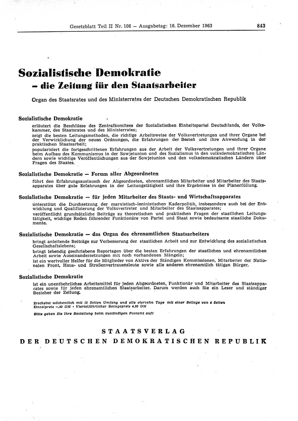 Gesetzblatt (GBl.) der Deutschen Demokratischen Republik (DDR) Teil ⅠⅠ 1963, Seite 843 (GBl. DDR ⅠⅠ 1963, S. 843)