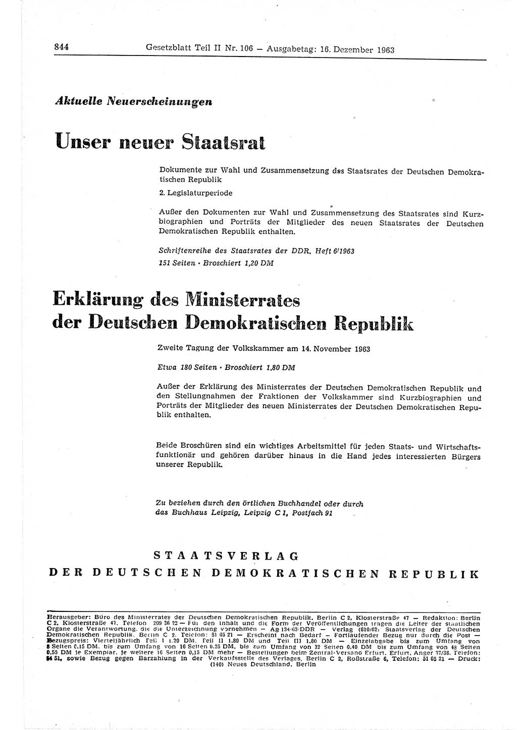 Gesetzblatt (GBl.) der Deutschen Demokratischen Republik (DDR) Teil ⅠⅠ 1963, Seite 844 (GBl. DDR ⅠⅠ 1963, S. 844)