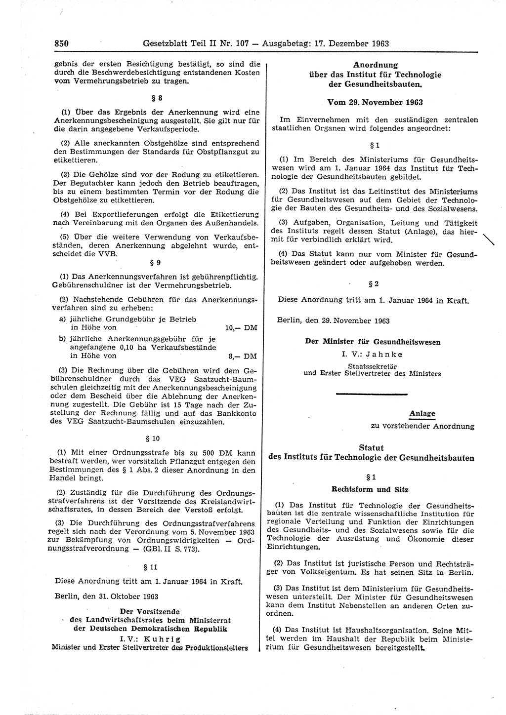 Gesetzblatt (GBl.) der Deutschen Demokratischen Republik (DDR) Teil ⅠⅠ 1963, Seite 850 (GBl. DDR ⅠⅠ 1963, S. 850)