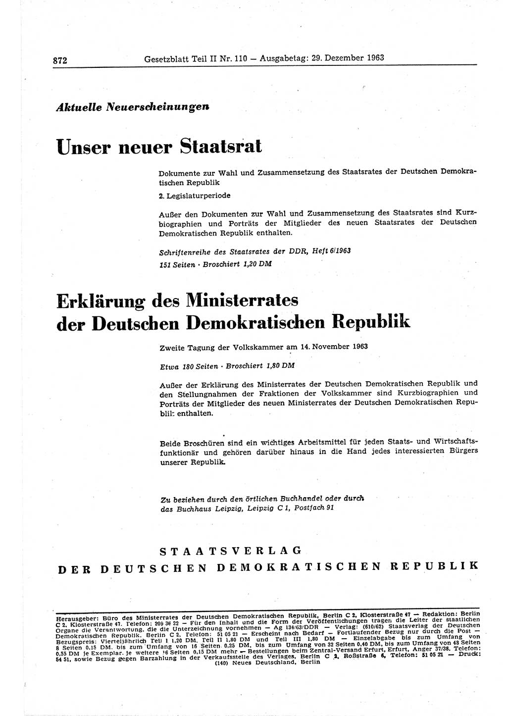 Gesetzblatt (GBl.) der Deutschen Demokratischen Republik (DDR) Teil ⅠⅠ 1963, Seite 872 (GBl. DDR ⅠⅠ 1963, S. 872)