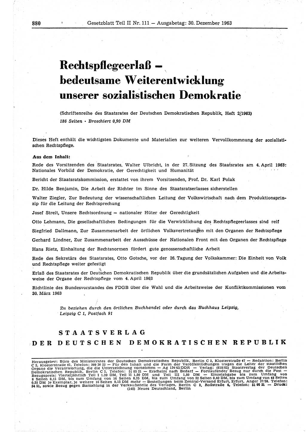 Gesetzblatt (GBl.) der Deutschen Demokratischen Republik (DDR) Teil ⅠⅠ 1963, Seite 880 (GBl. DDR ⅠⅠ 1963, S. 880)