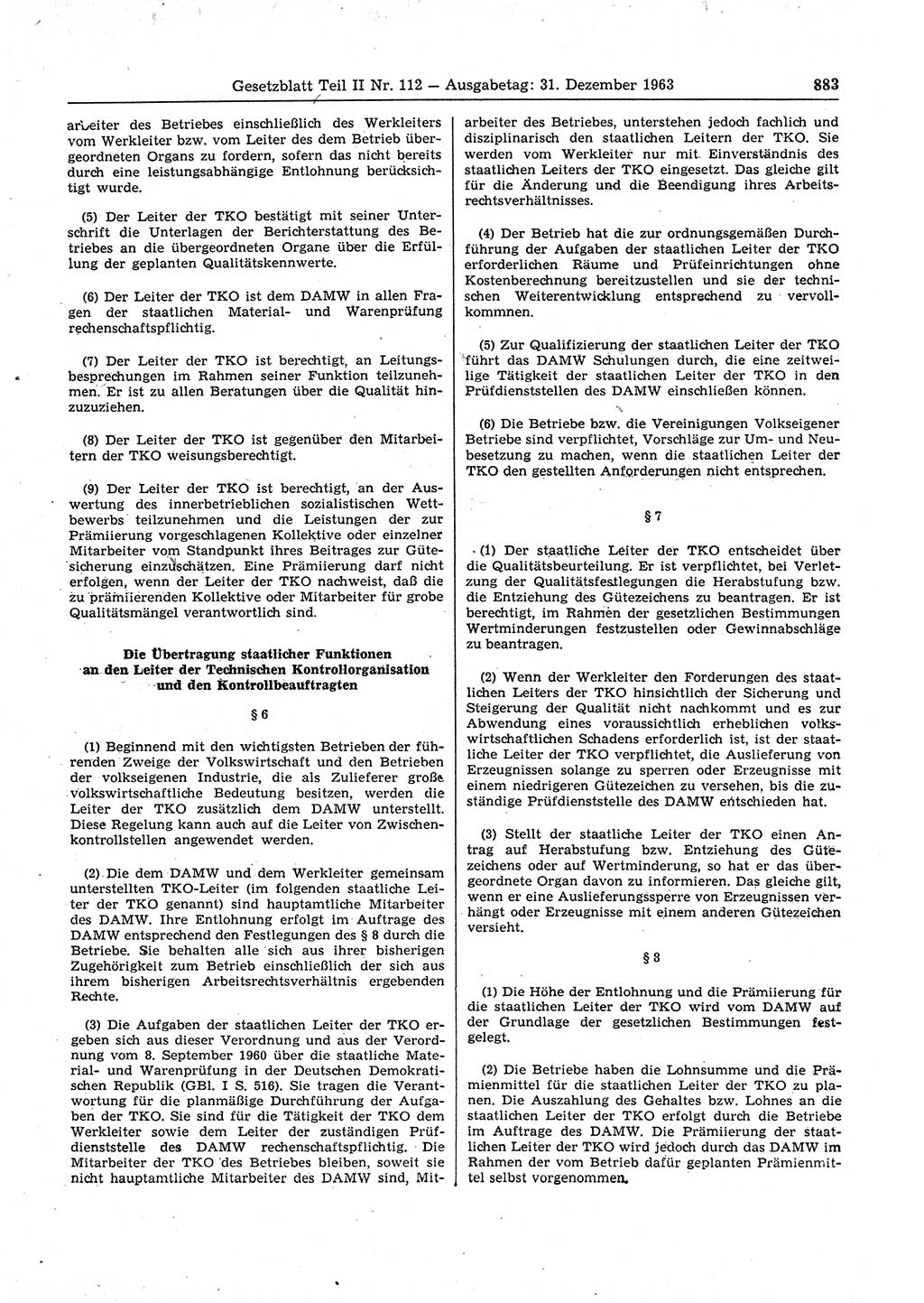 Gesetzblatt (GBl.) der Deutschen Demokratischen Republik (DDR) Teil ⅠⅠ 1963, Seite 883 (GBl. DDR ⅠⅠ 1963, S. 883)