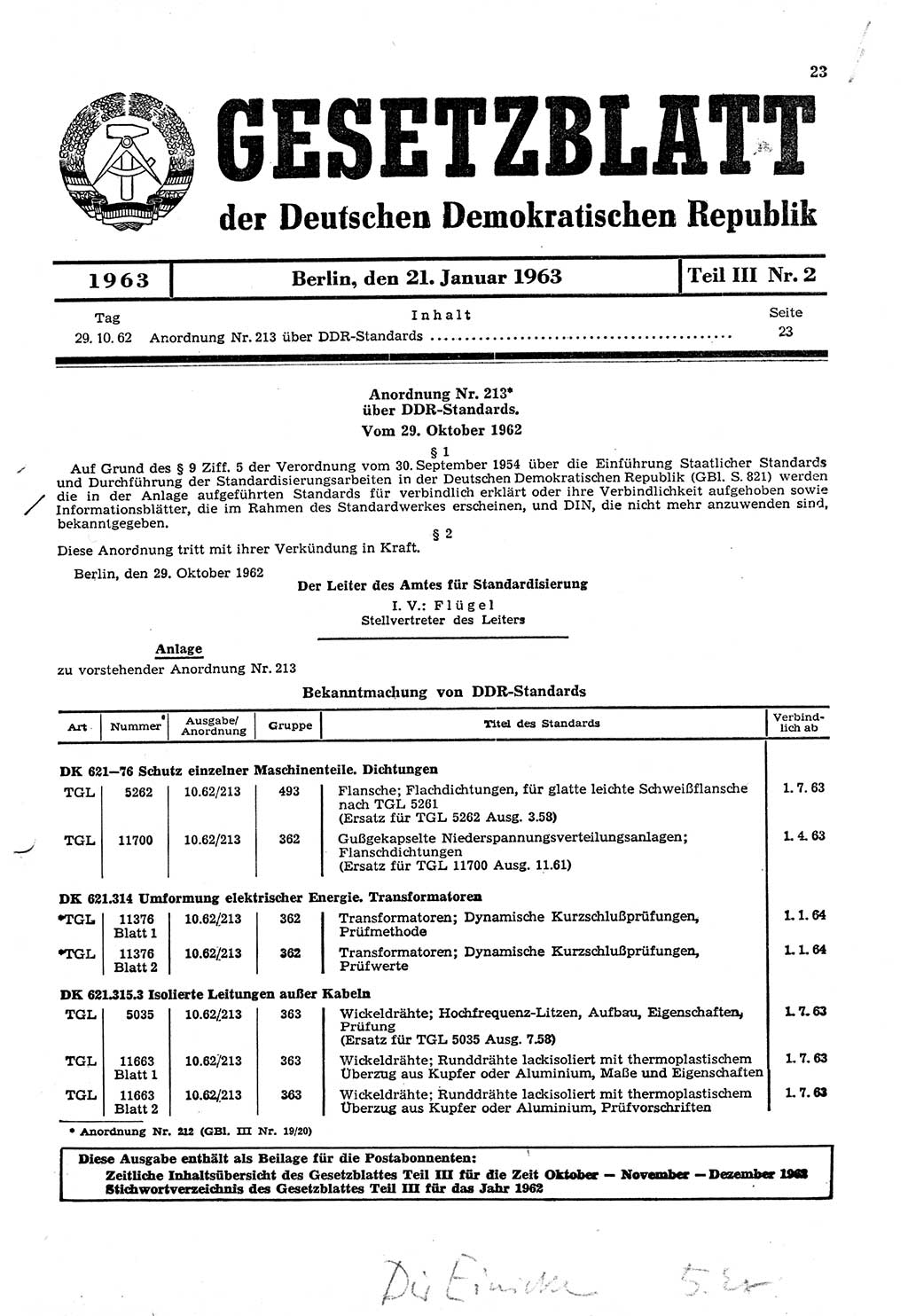 Gesetzblatt (GBl.) der Deutschen Demokratischen Republik (DDR) Teil ⅠⅠⅠ 1963, Seite 23 (GBl. DDR ⅠⅠⅠ 1963, S. 23)