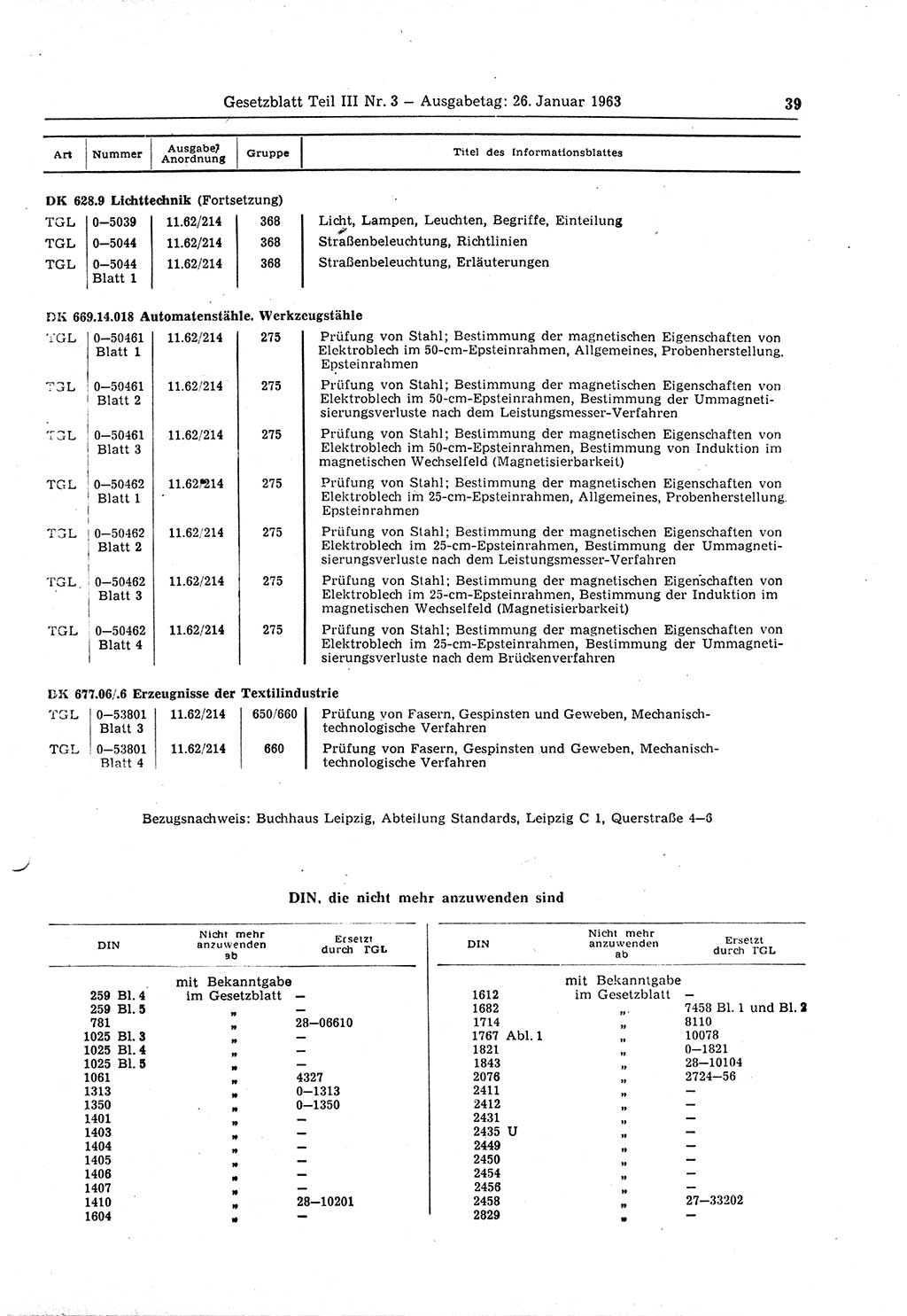 Gesetzblatt (GBl.) der Deutschen Demokratischen Republik (DDR) Teil ⅠⅠⅠ 1963, Seite 39 (GBl. DDR ⅠⅠⅠ 1963, S. 39)