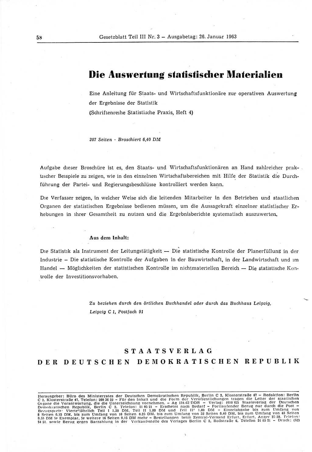 Gesetzblatt (GBl.) der Deutschen Demokratischen Republik (DDR) Teil ⅠⅠⅠ 1963, Seite 58 (GBl. DDR ⅠⅠⅠ 1963, S. 58)