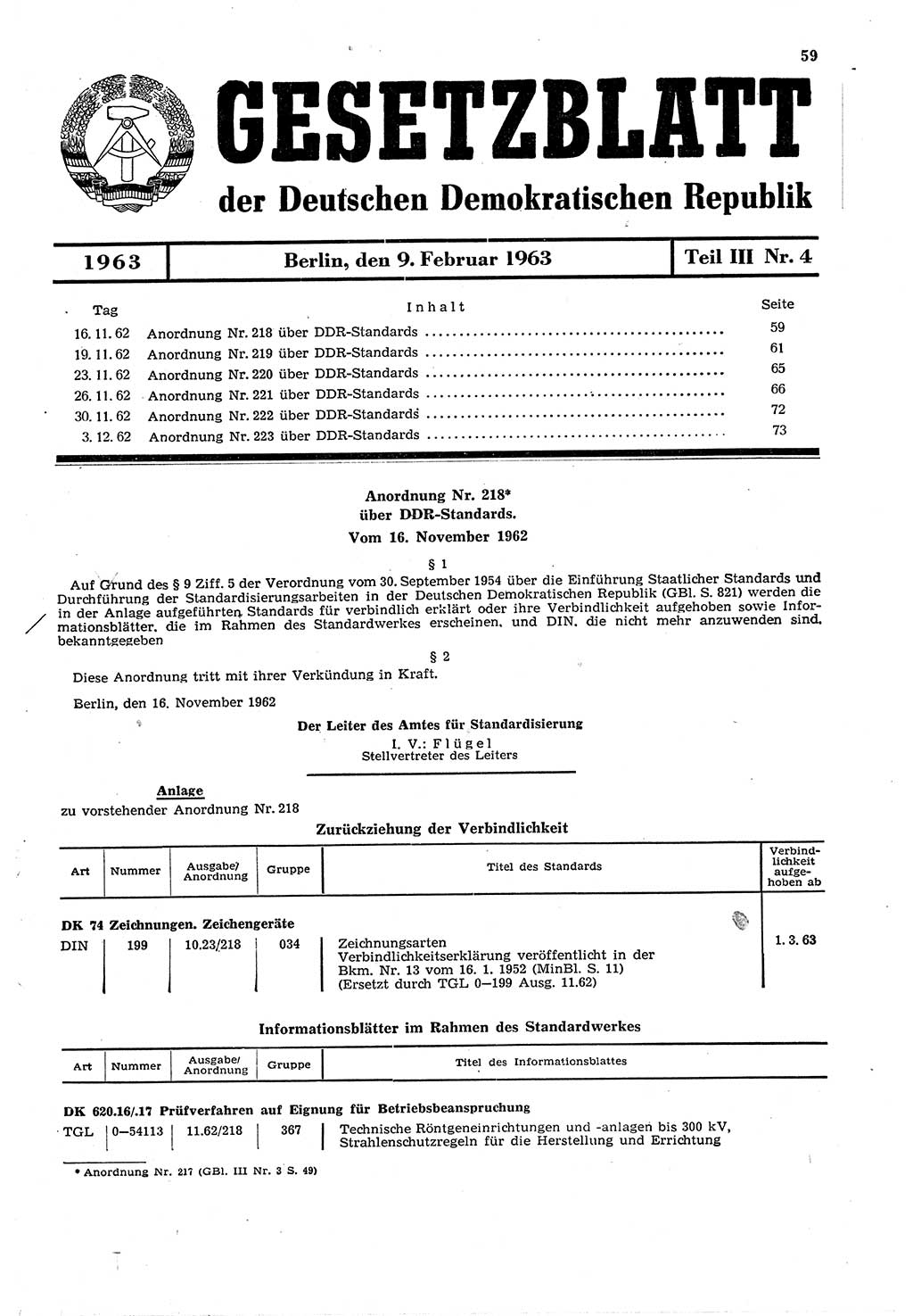 Gesetzblatt (GBl.) der Deutschen Demokratischen Republik (DDR) Teil ⅠⅠⅠ 1963, Seite 59 (GBl. DDR ⅠⅠⅠ 1963, S. 59)