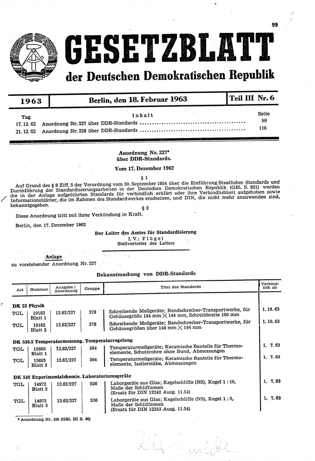 Gesetzblatt (GBl.) der Deutschen Demokratischen Republik (DDR) Teil ⅠⅠⅠ 1963, Seite 99 (GBl. DDR ⅠⅠⅠ 1963, S. 99)