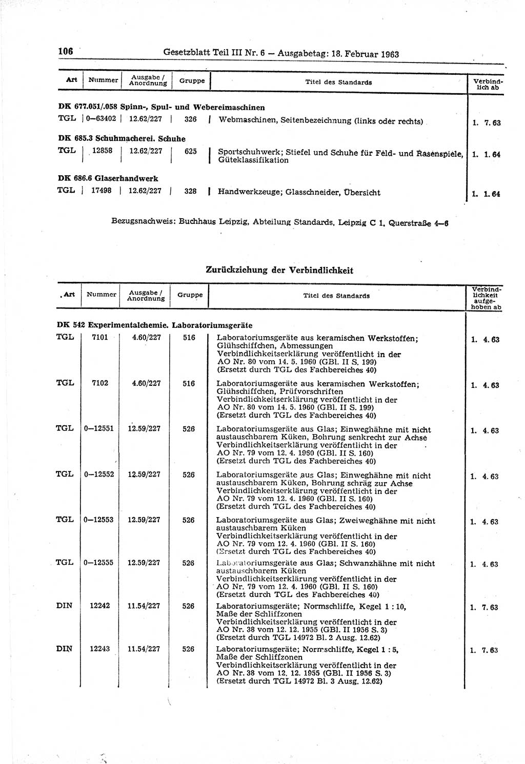 Gesetzblatt (GBl.) der Deutschen Demokratischen Republik (DDR) Teil ⅠⅠⅠ 1963, Seite 106 (GBl. DDR ⅠⅠⅠ 1963, S. 106)