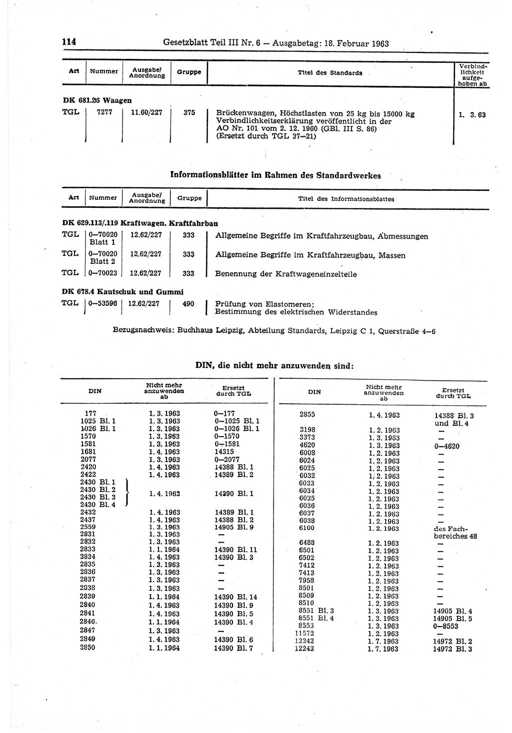 Gesetzblatt (GBl.) der Deutschen Demokratischen Republik (DDR) Teil ⅠⅠⅠ 1963, Seite 114 (GBl. DDR ⅠⅠⅠ 1963, S. 114)