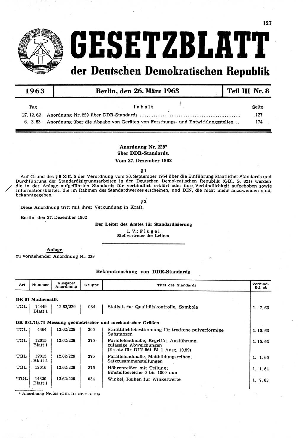 Gesetzblatt (GBl.) der Deutschen Demokratischen Republik (DDR) Teil ⅠⅠⅠ 1963, Seite 127 (GBl. DDR ⅠⅠⅠ 1963, S. 127)