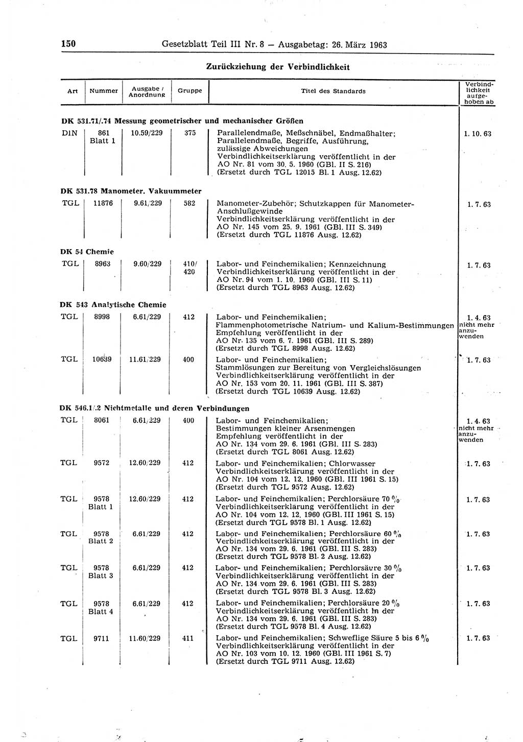 Gesetzblatt (GBl.) der Deutschen Demokratischen Republik (DDR) Teil ⅠⅠⅠ 1963, Seite 150 (GBl. DDR ⅠⅠⅠ 1963, S. 150)