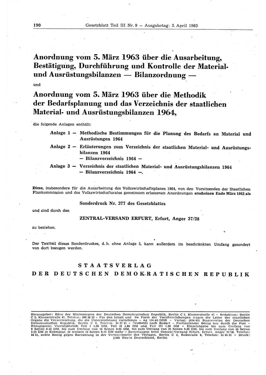 Gesetzblatt (GBl.) der Deutschen Demokratischen Republik (DDR) Teil ⅠⅠⅠ 1963, Seite 190 (GBl. DDR ⅠⅠⅠ 1963, S. 190)