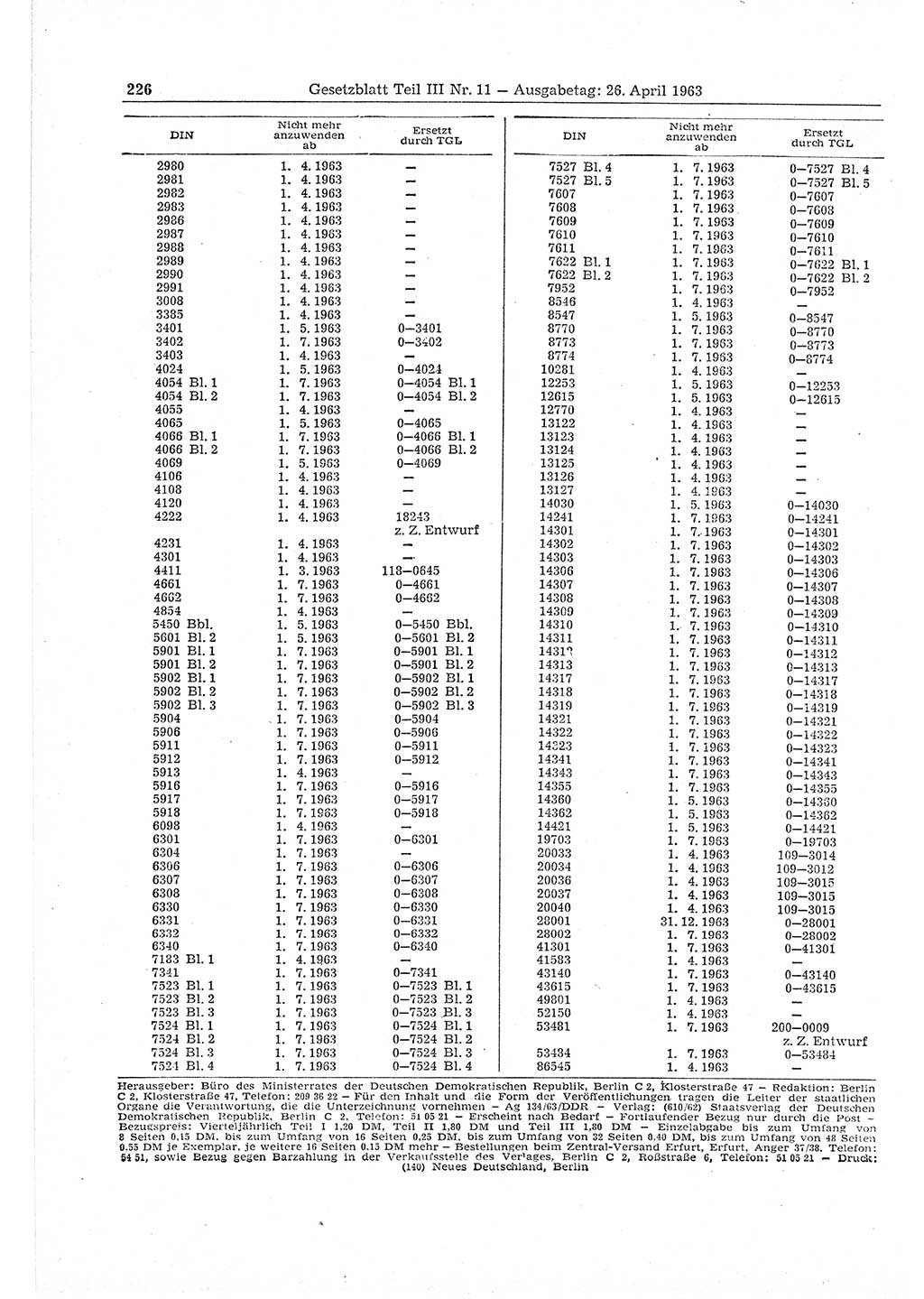 Gesetzblatt (GBl.) der Deutschen Demokratischen Republik (DDR) Teil ⅠⅠⅠ 1963, Seite 226 (GBl. DDR ⅠⅠⅠ 1963, S. 226)