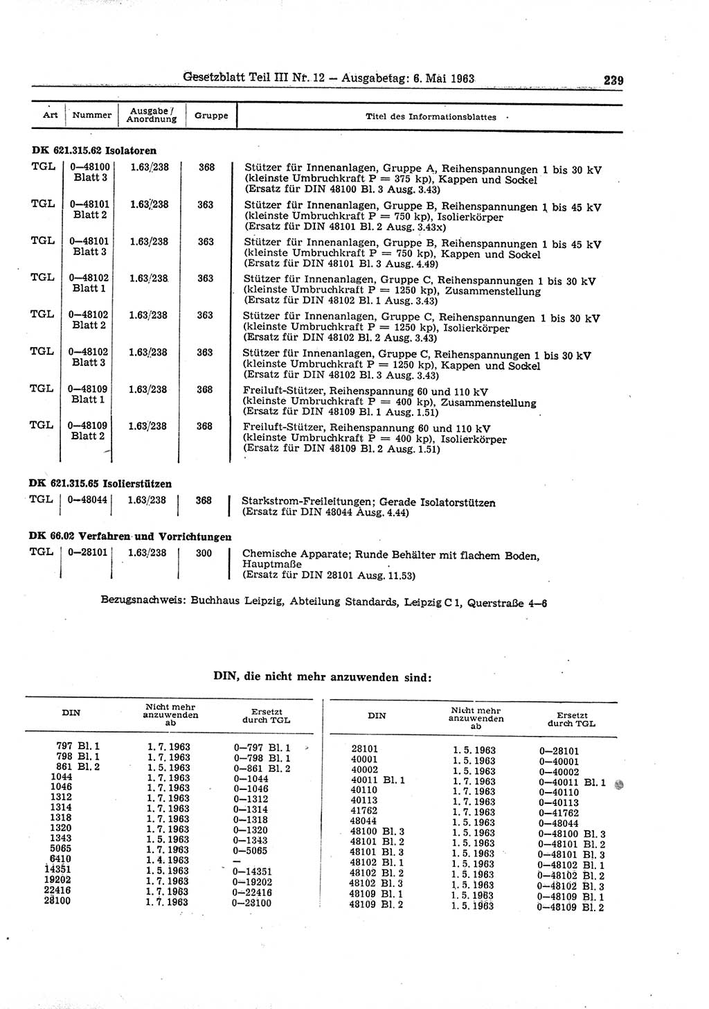 Gesetzblatt (GBl.) der Deutschen Demokratischen Republik (DDR) Teil ⅠⅠⅠ 1963, Seite 239 (GBl. DDR ⅠⅠⅠ 1963, S. 239)