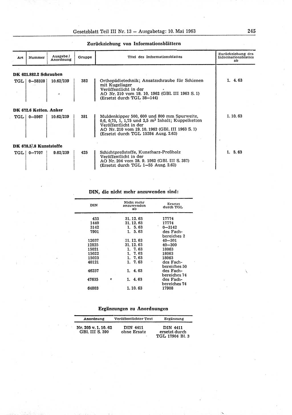 Gesetzblatt (GBl.) der Deutschen Demokratischen Republik (DDR) Teil ⅠⅠⅠ 1963, Seite 245 (GBl. DDR ⅠⅠⅠ 1963, S. 245)