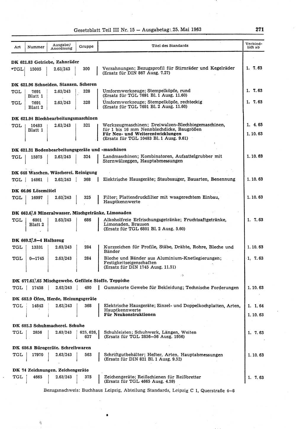 Gesetzblatt (GBl.) der Deutschen Demokratischen Republik (DDR) Teil ⅠⅠⅠ 1963, Seite 271 (GBl. DDR ⅠⅠⅠ 1963, S. 271)