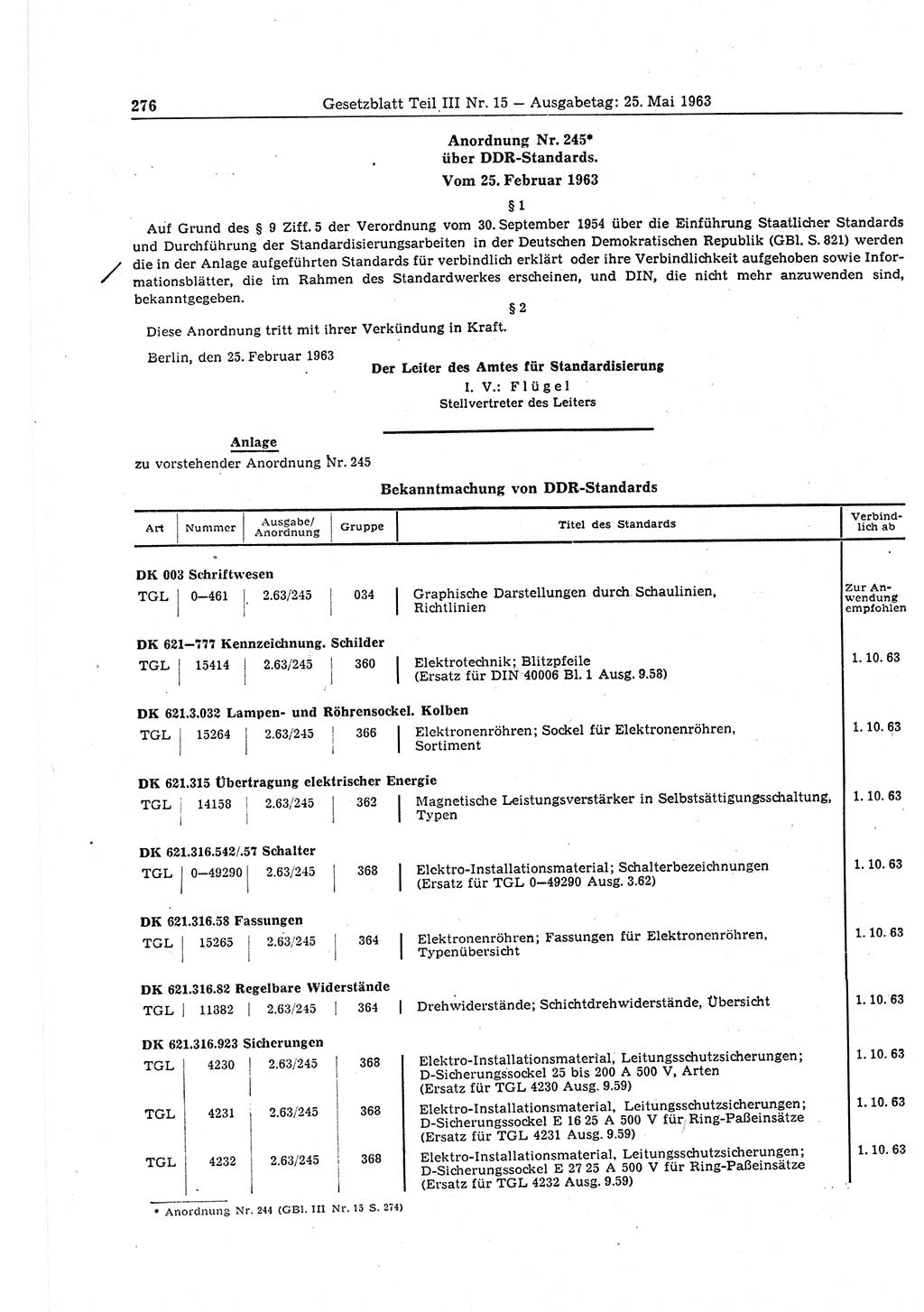 Gesetzblatt (GBl.) der Deutschen Demokratischen Republik (DDR) Teil ⅠⅠⅠ 1963, Seite 276 (GBl. DDR ⅠⅠⅠ 1963, S. 276)