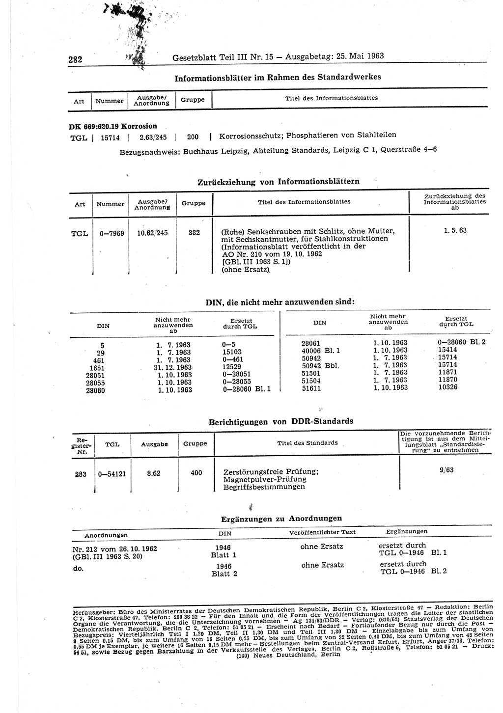 Gesetzblatt (GBl.) der Deutschen Demokratischen Republik (DDR) Teil ⅠⅠⅠ 1963, Seite 282 (GBl. DDR ⅠⅠⅠ 1963, S. 282)