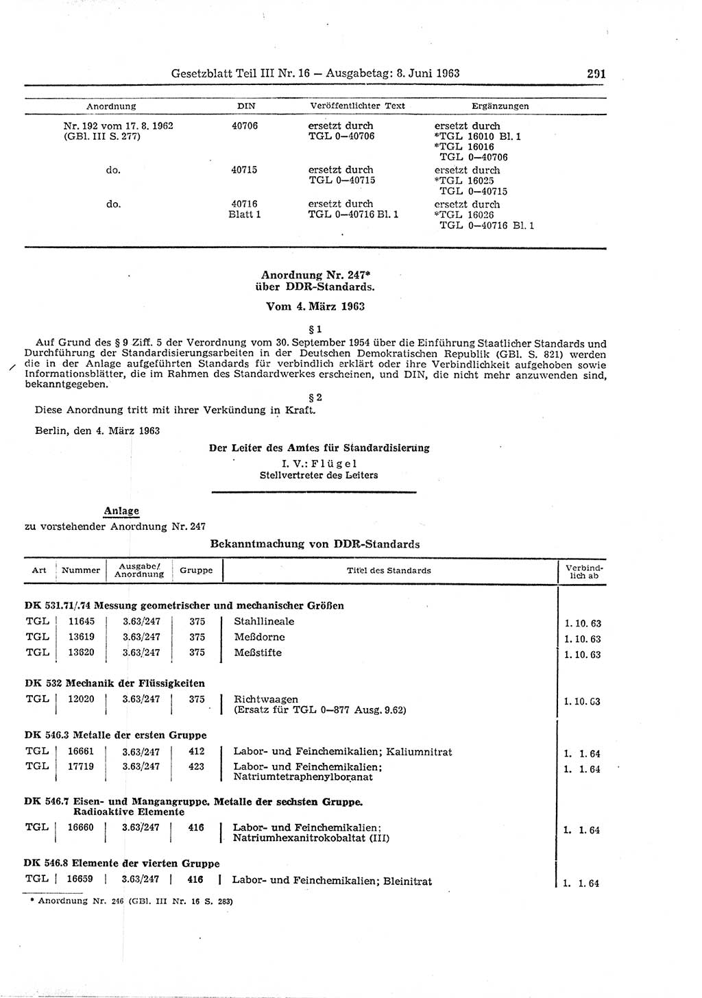 Gesetzblatt (GBl.) der Deutschen Demokratischen Republik (DDR) Teil ⅠⅠⅠ 1963, Seite 291 (GBl. DDR ⅠⅠⅠ 1963, S. 291)