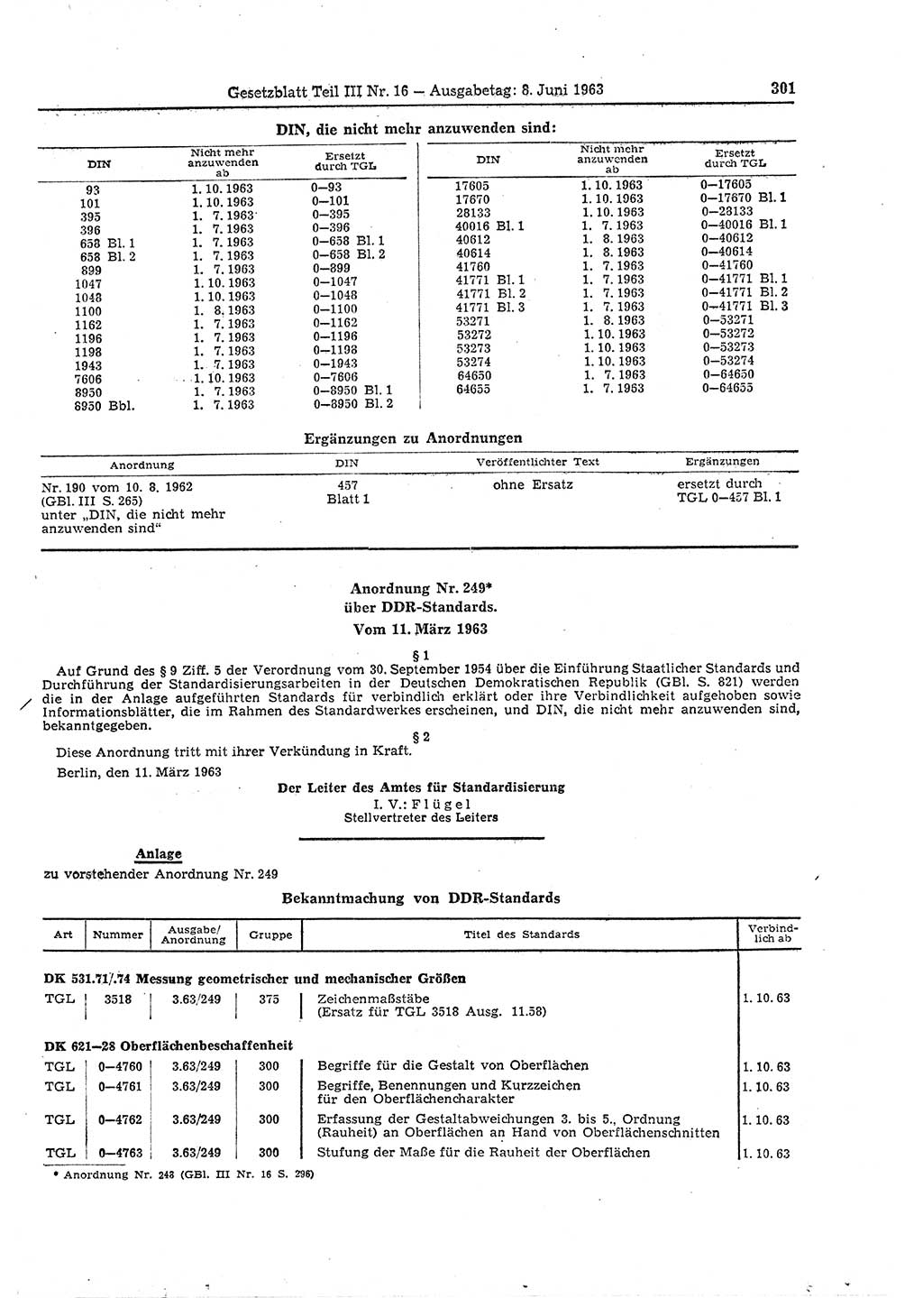 Gesetzblatt (GBl.) der Deutschen Demokratischen Republik (DDR) Teil ⅠⅠⅠ 1963, Seite 301 (GBl. DDR ⅠⅠⅠ 1963, S. 301)