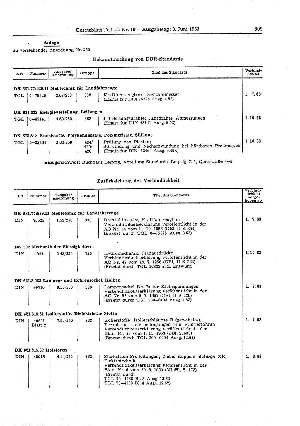 Gesetzblatt (GBl.) der Deutschen Demokratischen Republik (DDR) Teil ⅠⅠⅠ 1963, Seite 309 (GBl. DDR ⅠⅠⅠ 1963, S. 309)