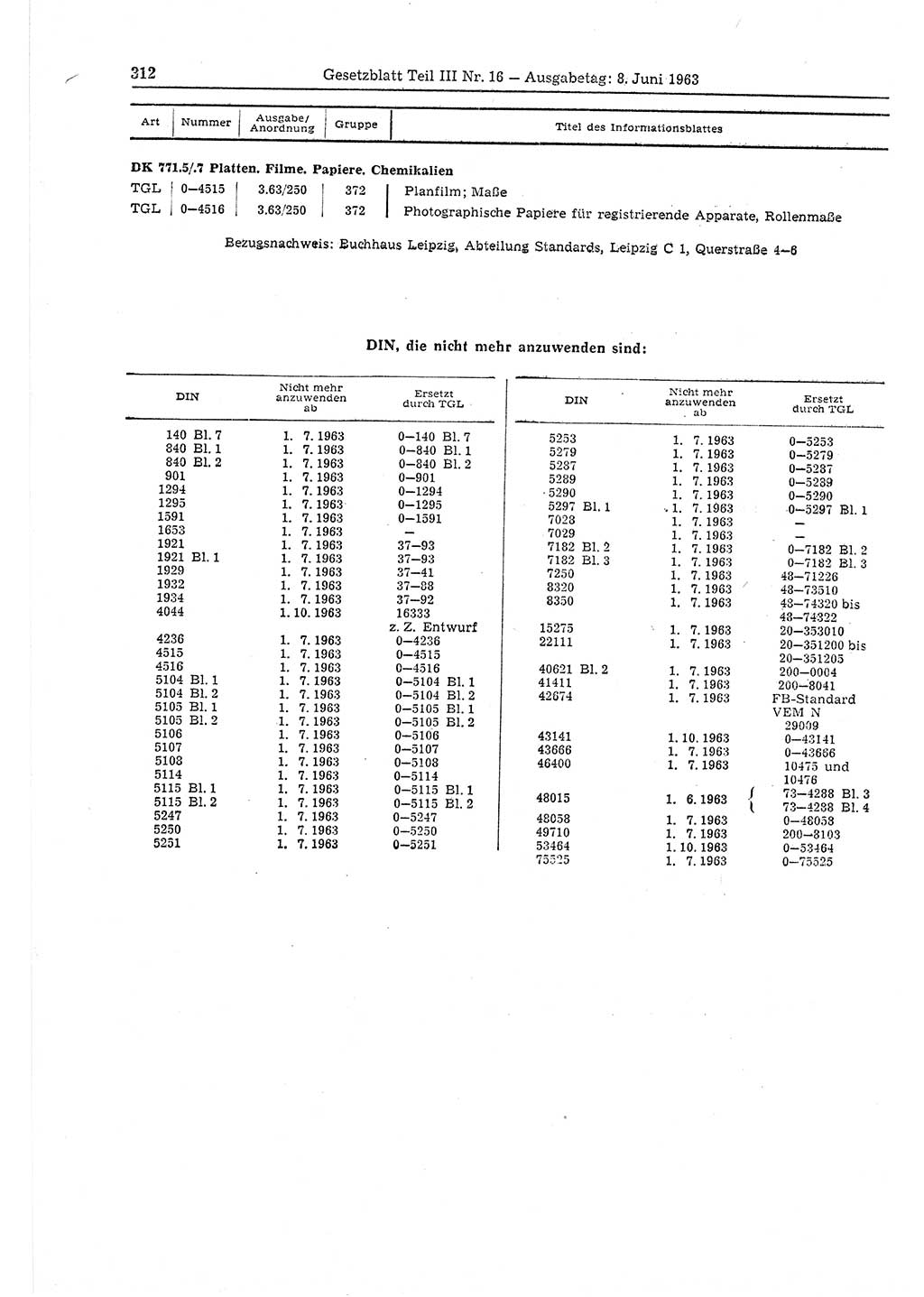 Gesetzblatt (GBl.) der Deutschen Demokratischen Republik (DDR) Teil ⅠⅠⅠ 1963, Seite 312 (GBl. DDR ⅠⅠⅠ 1963, S. 312)