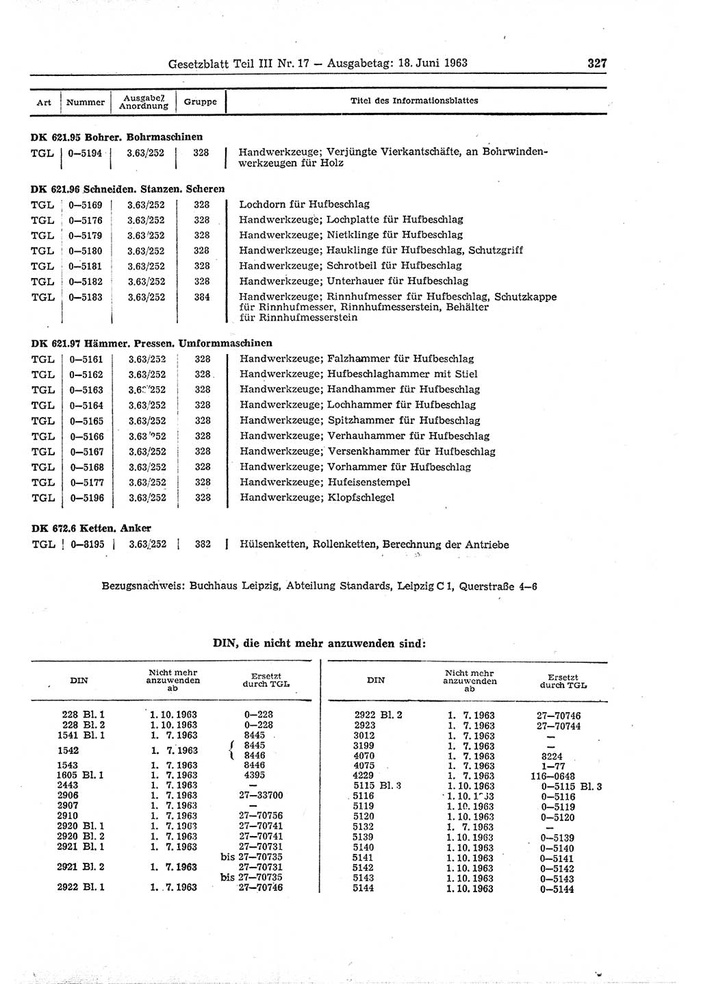 Gesetzblatt (GBl.) der Deutschen Demokratischen Republik (DDR) Teil ⅠⅠⅠ 1963, Seite 327 (GBl. DDR ⅠⅠⅠ 1963, S. 327)