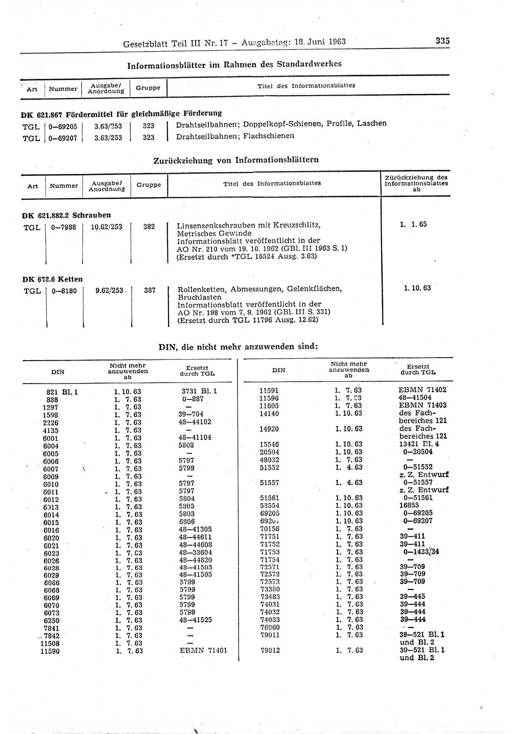 Gesetzblatt (GBl.) der Deutschen Demokratischen Republik (DDR) Teil ⅠⅠⅠ 1963, Seite 335 (GBl. DDR ⅠⅠⅠ 1963, S. 335)