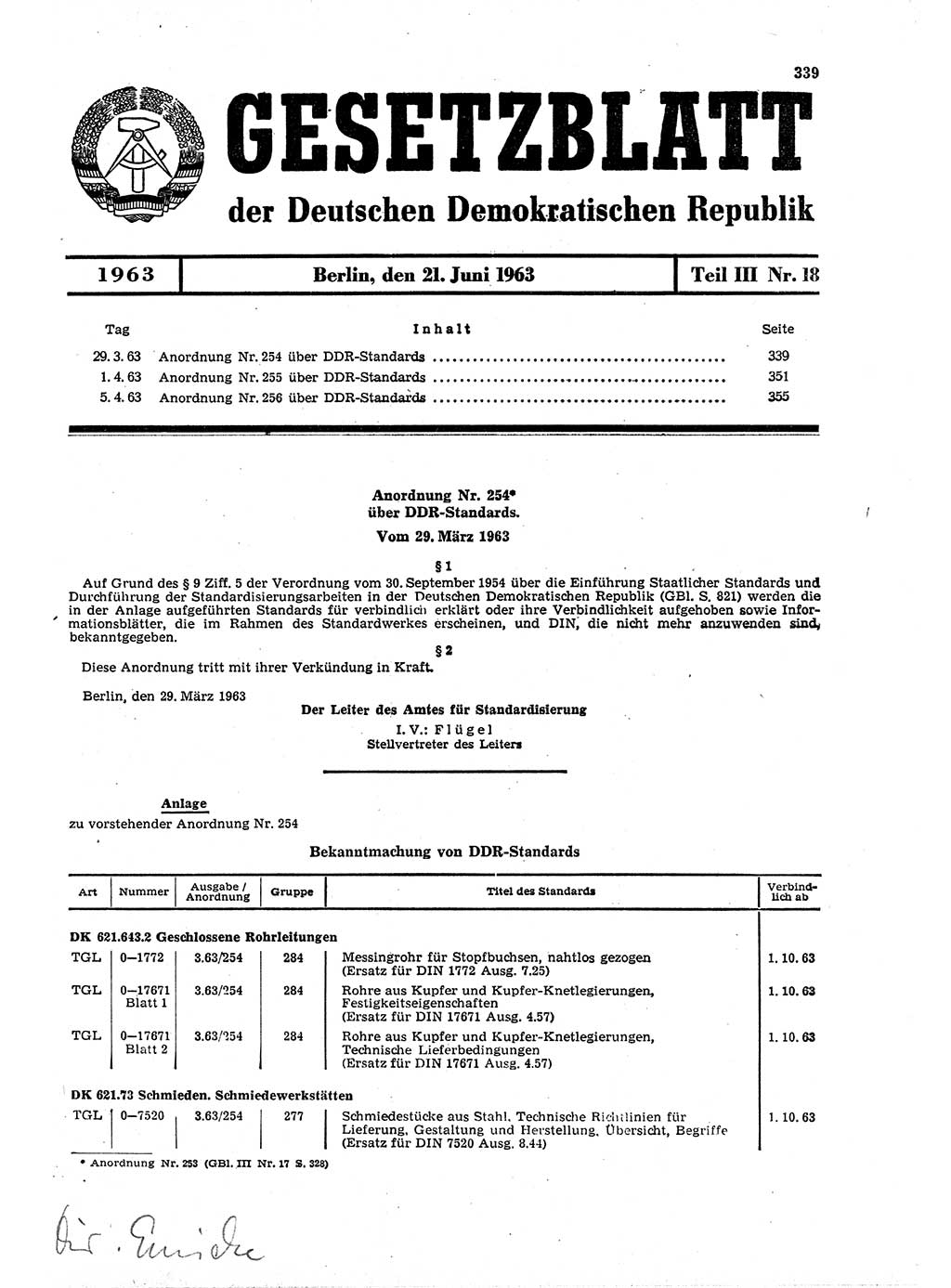 Gesetzblatt (GBl.) der Deutschen Demokratischen Republik (DDR) Teil ⅠⅠⅠ 1963, Seite 339 (GBl. DDR ⅠⅠⅠ 1963, S. 339)